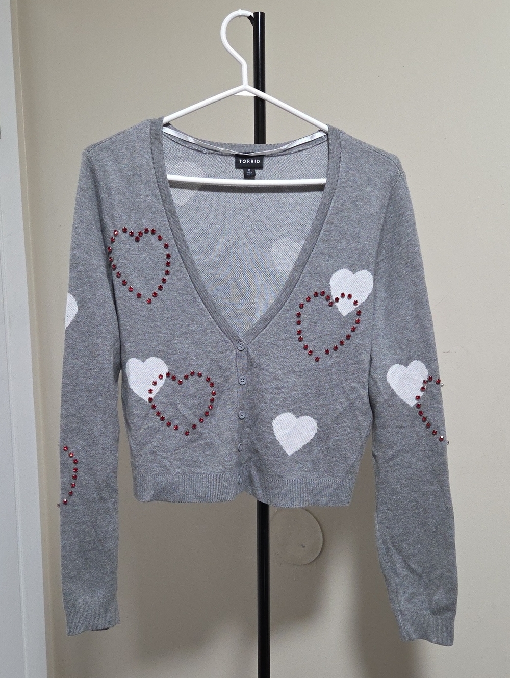 Torrid Plus Size Cotton Blend Gray Heart Embellished V-Neck Cardigan Sweater